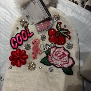 Embellished Cream Beanie with Patches